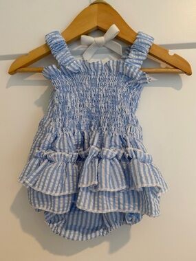 Light Blue and White Striped Baby Ruffle Romper 6-12m